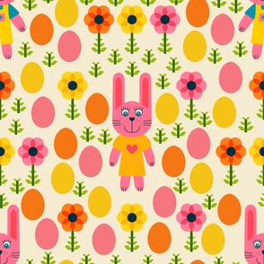 Happy-Bunnies-with-Retro-Flowers---XL-wallpaper---pink-orange-yellow---JUMBO