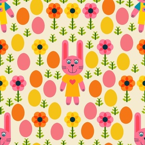 Happy-Bunnies-with-Retro-Flowers---L-wallpaper---pink-orange-yellow---LARGE-3600