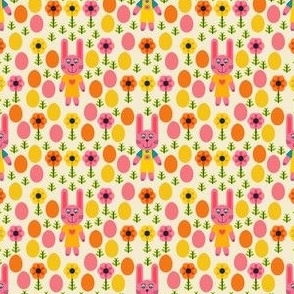 Happy-Bunnies-with-Retro-Flowers---XS-wallpaper---pink-orange-yellow---TINY---450