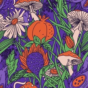 Psychedelic pattern with mushrooms, flowers, pomegranates and penises