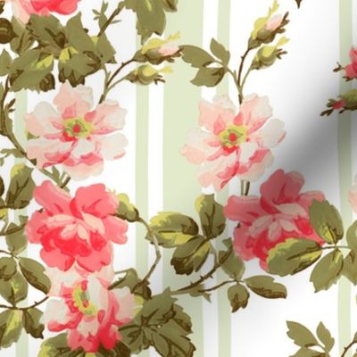 Antiqued Rococo Roses And Stripes - Rococo Fabric - Victorian Wallpaper - green  and rose quartz