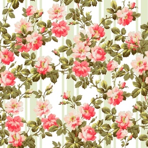 Antiqued Rococo Roses And Stripes - Rococo Fabric - Victorian Wallpaper - green  and rose quartz
