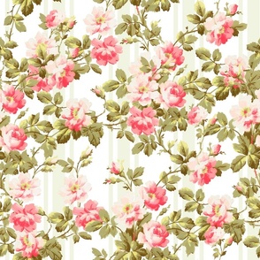 Antiqued Rococo Roses And Stripes - Rococo Fabric - Victorian Wallpaper - light green and rose quartz