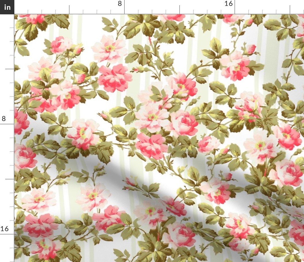 Antiqued Rococo Roses And Stripes - Rococo Fabric - Victorian Wallpaper - light green and rose quartz