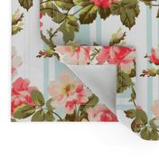 Antiqued Rococo Roses And Stripes - Rococo Fabric - Victorian Wallpaper - blue and rose quartz