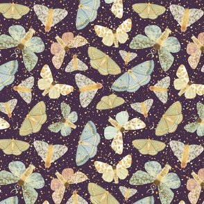moths at night | non-directional dense tossed | sparkly magic dust | starry night | magical meadow on eggplant/plum dark purple | golden dust particles texture | large