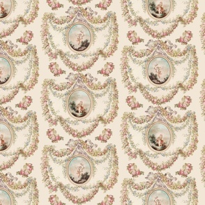 Antiqued Rococo Roses Bouquets And Ornaments And Cherubs Putti - Rococo Damask Wallpaper  - blush and rose quartz