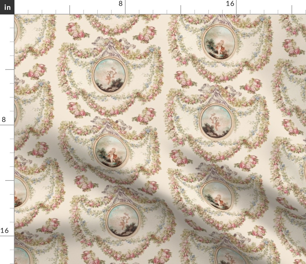 Antiqued Rococo Roses Bouquets And Ornaments And Cherubs Putti - Rococo Damask Wallpaper  - blush and rose quartz