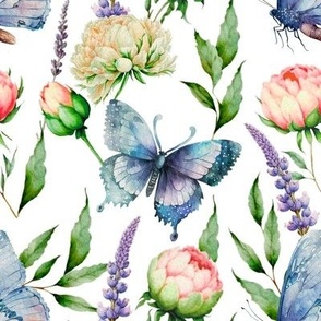 Watercolor butterfly moth among flowers