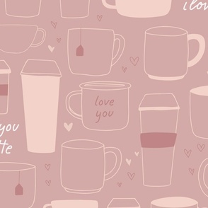 coffee and tea cups and mugs line art | Love You A Latte | Large Scale | Puce pink, mauve, soft pink