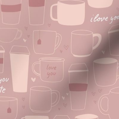 coffee and tea cups and mugs line art | Love You A Latte | Small Scale | Puce pink, mauve, soft pink
