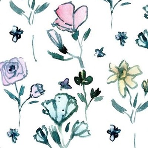 Ravello fiori - watercolor flowers with contour - painted florals for modern home decor nursery bedding wallpaper b117-1