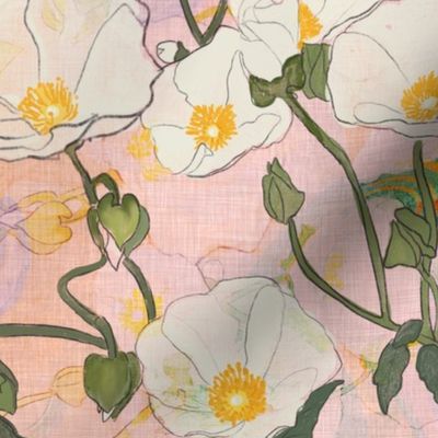 White climbing wild rock roses with green foliage on a pastel pink background with a vintage linen texture