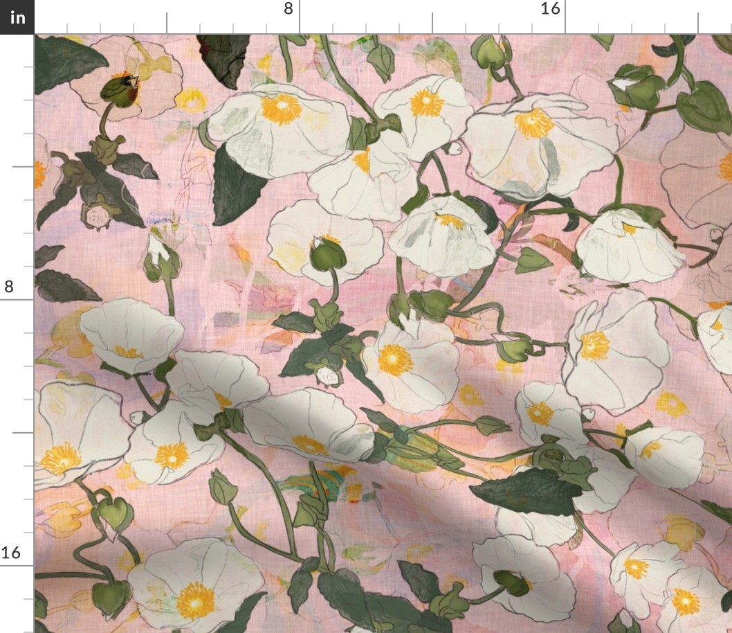 White climbing wild rock roses with green foliage on a pastel pink background with a vintage linen texture