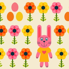 Bunny-girl-_-boy-among-Easter-Eggs-_-Flowers---XL---pink-yellow-orange---JUMBO---7200