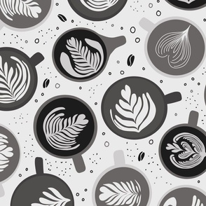 Coffee Shop latte art | Large Scale | Grayscale, light grey, charcoal black | coffee beans