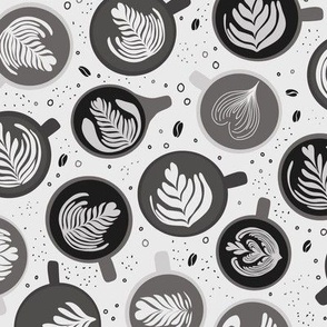 Coffee Shop latte art | Small Scale | Grayscale, light grey, charcoal black | coffee beans