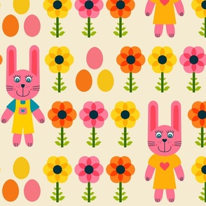 Bunny-girl-_-boy-among-Easter-Eggs-_-Flowers---L---pink-yellow-orange---LARGE---3600