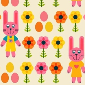 Bunny-girl-_-boy-among-Easter-Eggs-_-Flowers---M---pink-yellow-orange---MEDIUM---1800