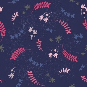 Twigs and flowers - red_ oliv_ blue_ lavender_ pink on dark blue - small