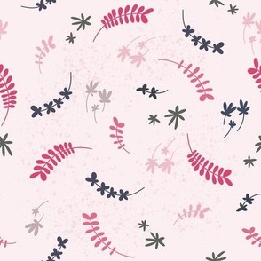 Twigs and flowers - red_ oliv_ dark blue_ lavender_ pink on pink - small