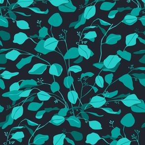 Dusk Allure-boho eucalyptus branches at night, elegant botanical foliage in teal color palette