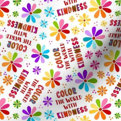 Medium Scale Color The World With Kindness Rainbow Daisy Flowers on White