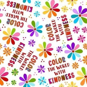 Medium Scale Color The World With Kindness Rainbow Daisy Flowers on White