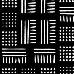 Mudcloth Dots and Lines | Large Scale | Rich Black, creamy white | multidirectional geometric