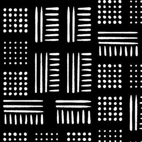 Mudcloth Dots and Lines | Small Scale | Rich Black, creamy white | multidirectional geometric