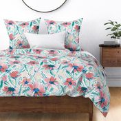 large scale painterly floral coral emerald green blue