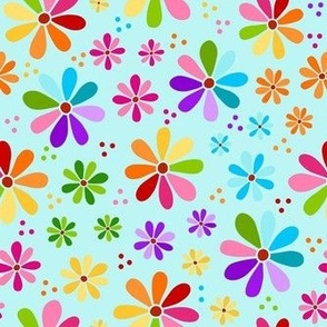 Medium Scale Rainbow Daisy Flowers on Blue