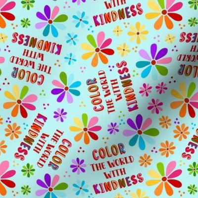 Medium Scale Color The World With Kindness Rainbow Daisy Flowers on Blue