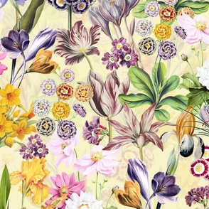Nostalgic Hand Painted Antique Springflowers Antiqued Daffodil, Vintage Crocus, Tulips, Anemone,  Primula, Double Layer light yellow