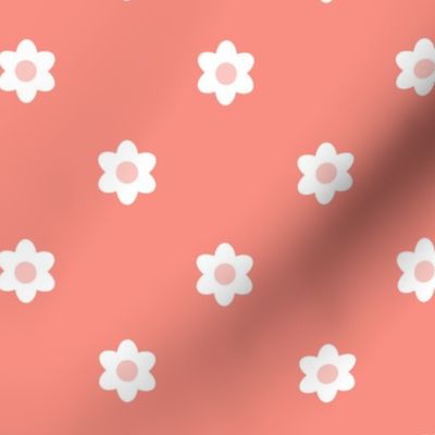 Polka Dot Daisies-  Vintage Geometric Floral - Scandinavian Floral- Scandi Flowers- White on Coral Flamingo- Soft Orange- Medium