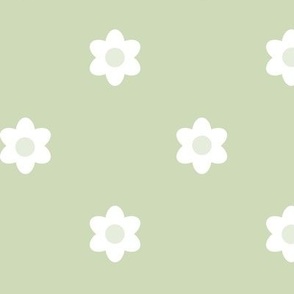 Polka Dot Daisies-  Vintage Geometric Floral - Scandinavian Floral- Scandi Flowers- White on Pastel Green- HEX CEDAB8- Large