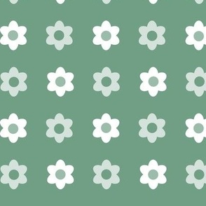 Polka Dot Daisies- Vintage Geometric Floral - Scandinavian Floral- Scandi Flowers- White and Emerald Green- HEX 709F85 - Medium