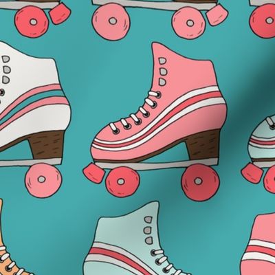 Retro Hand Drawn Rollerskates on Teal - Large Scale