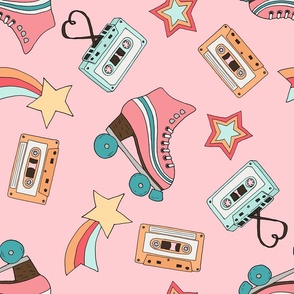 Retro Rollerskates, Cassette Tapes, and Stars on Pink - Large Scale
