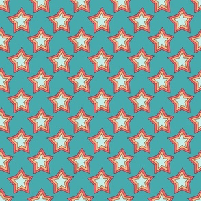 Retro Stars in Bright Pink, Peach, and Turquoise on Teal