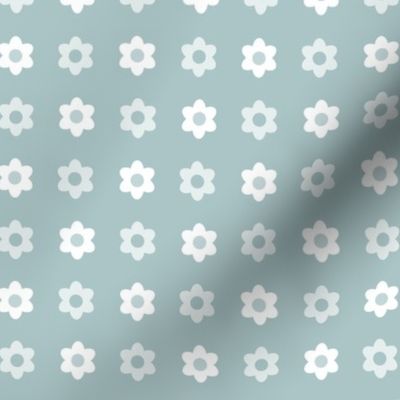 Polka Dot Daisies- Vintage Geometric Floral - Scandinavian Floral- Scandi Flowers- White and Light Teal- HEX ABC5C7 - Small