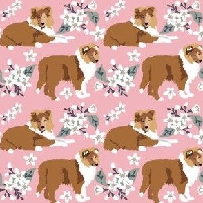 small print // Collie Puppy White Little Flowers with Pink background Small Print dog fabric