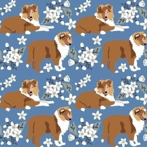 small print // Collie Puppies Floral Denim Blue  small white flowers rough collie dog fabric