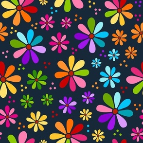 Large Scale Rainbow Daisy Flowers on Dark Navy