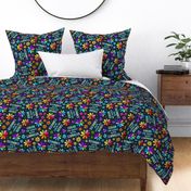 Large Scale Color The World With Kindness Rainbow Daisy Flowers on Dark Navy