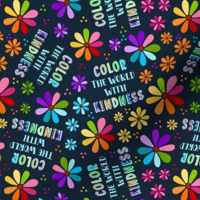 Medium Scale Color The World With Kindness Rainbow Daisy Flowers on Dark Navy