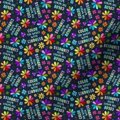 Small Scale Color The World With Kindness Rainbow Daisy Flowers on Dark Navy