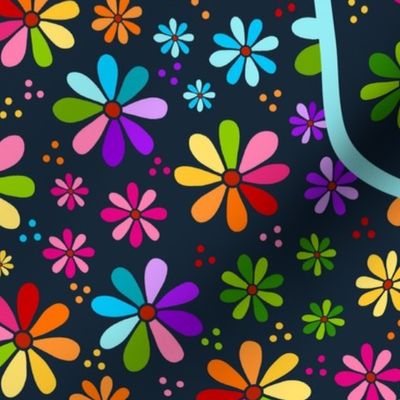 Large 27x18 Fat Quarter Panel Color The World With Kindness Rainbow Daisy Flowers on Dark Navy for Tea Towel or Wall Hanging