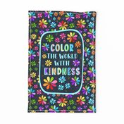 Large 27x18 Fat Quarter Panel Color The World With Kindness Rainbow Daisy Flowers on Dark Navy for Tea Towel or Wall Hanging