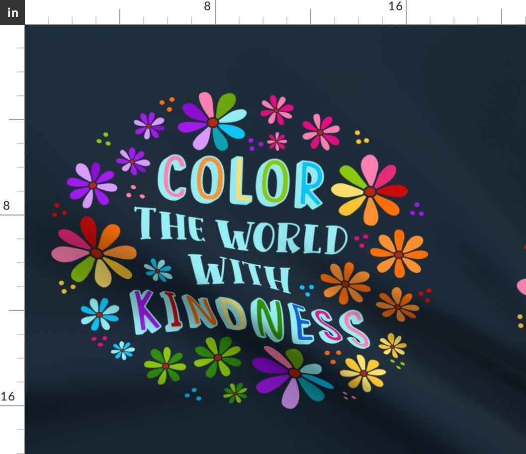 18x18 Panel Color The World With Kindness Rainbow Daisy Flowers for DIY Throw Pillow or Cushion Cover Dark Navy